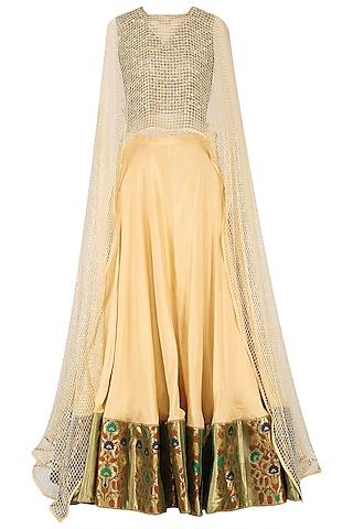 beige lehenga, floral blouse with mesh cape set