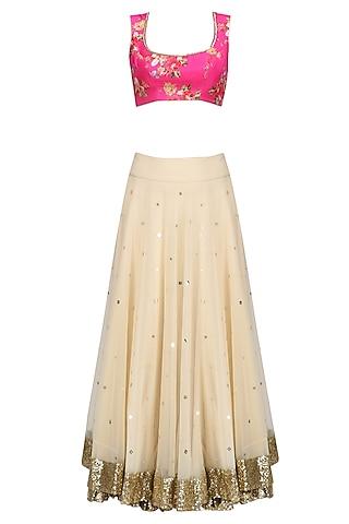 beige lehenga skirt and pink floral work blouse set