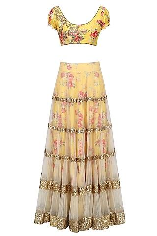 beige lehenga skirt and yellow floral embroidered blouse set
