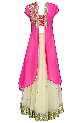 beige lehenga skirt with pink floral printed blouse and jacket