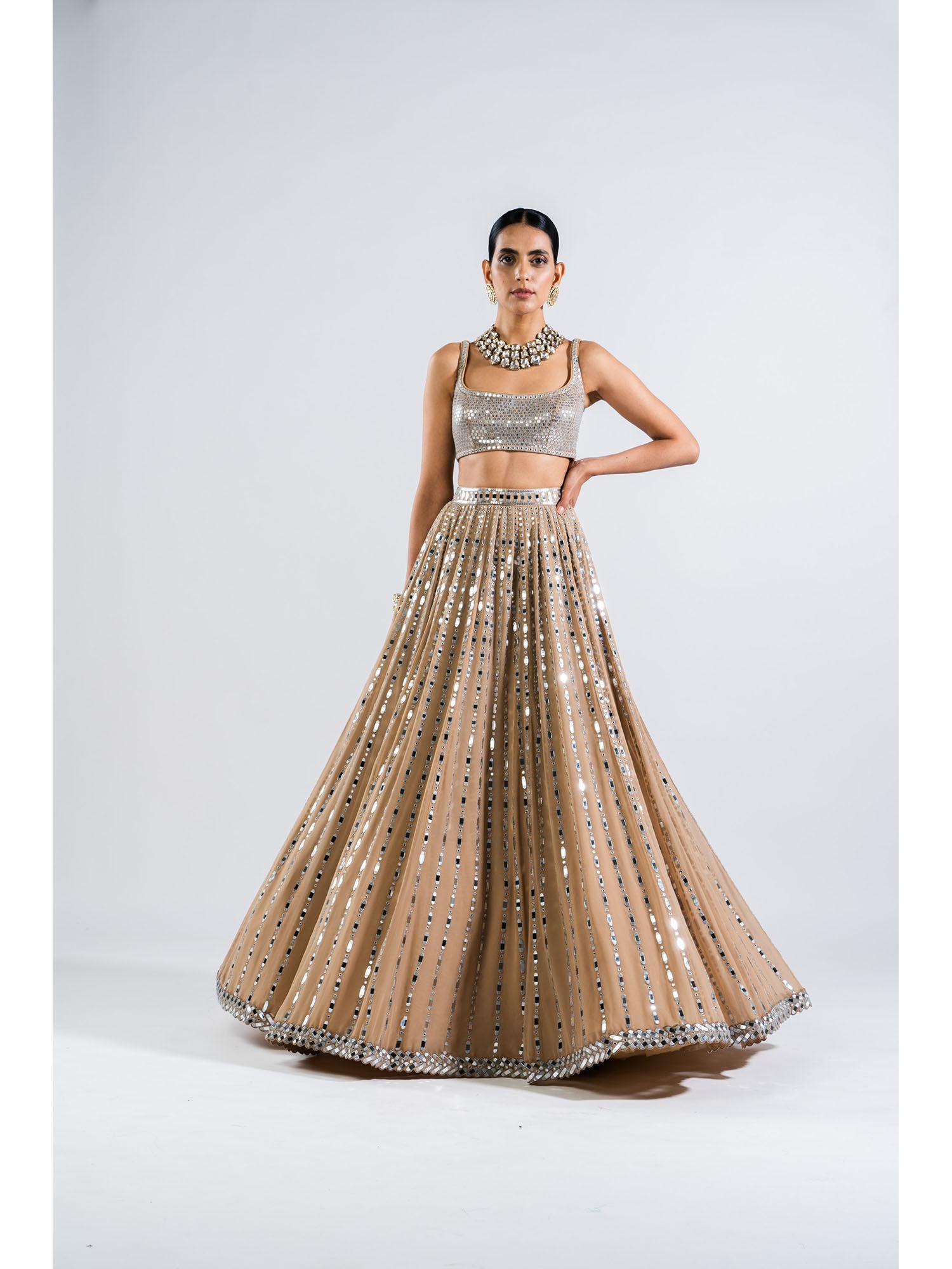 beige linear drop lehenga with metallic blouse & dupatta (set of 3)