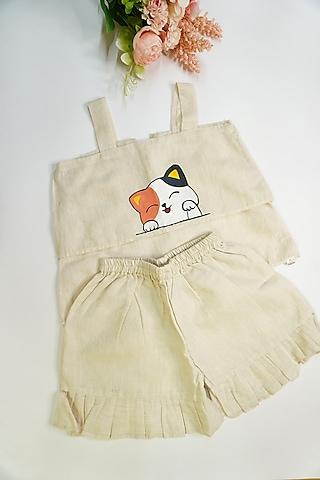 beige linen & lyocell hand painted co-ord set for girls