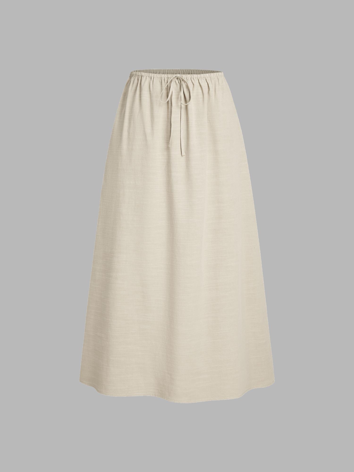 beige linen blend high rise solid pocket maxi skirt