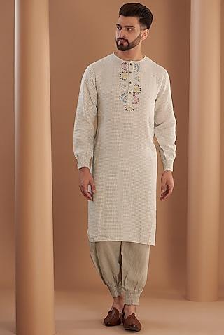 beige linen embroidered kurta set