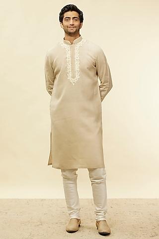 beige linen floral thread embroidered kurta set