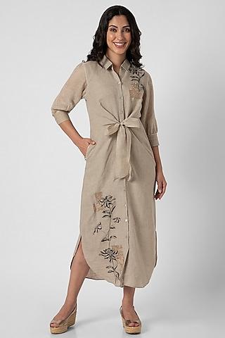 beige linen hand screen printed & floral thread embroidered tie-up dress