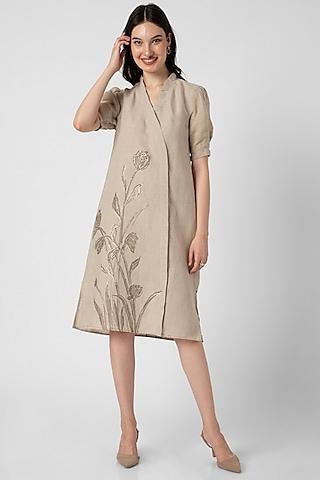 beige linen hand screen printed dress