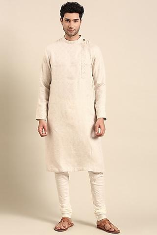 beige linen jacquard embroidered kurta set