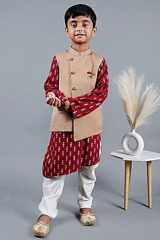 beige linen printed nehru jacket for boys