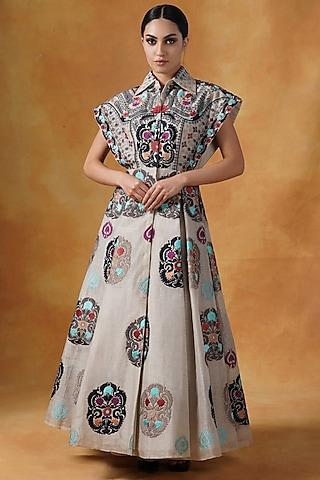 beige linen silk hand embroidered gown