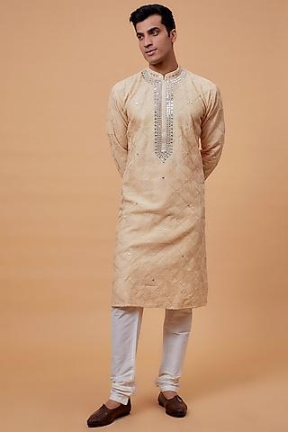 beige lucknowi embroidered kurta set