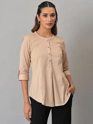 beige mandarin collar western top