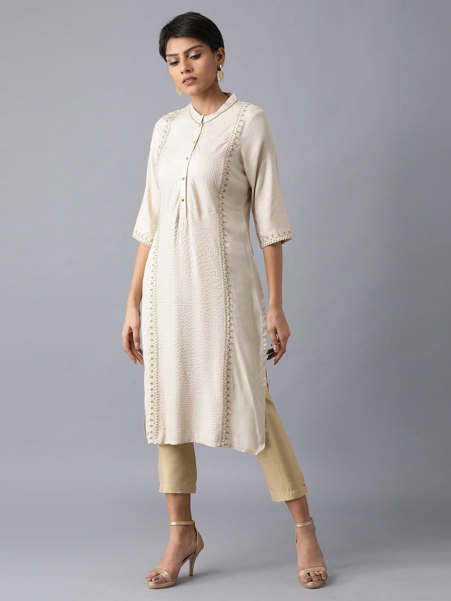 beige mandarin neck embroidered kurta