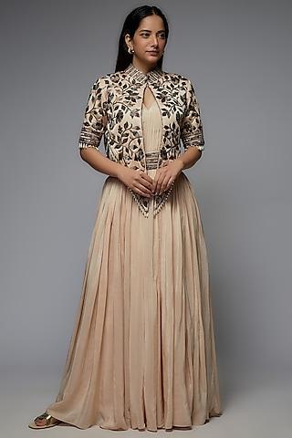 beige mashru silk & satin crepe embellished gown with jacket