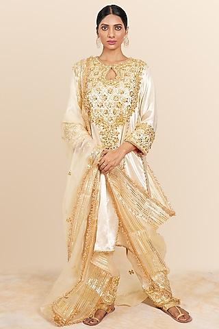 beige mashru silk gota & sequins hand embroidered a-line kurta set