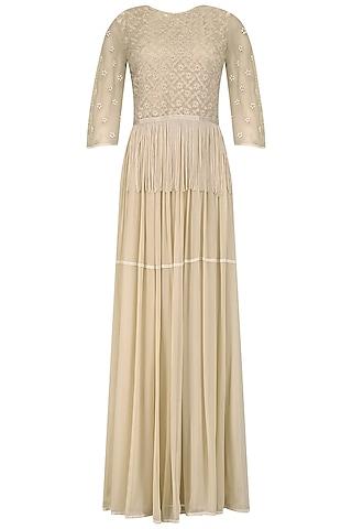 beige maxi dress with organza cape bodice