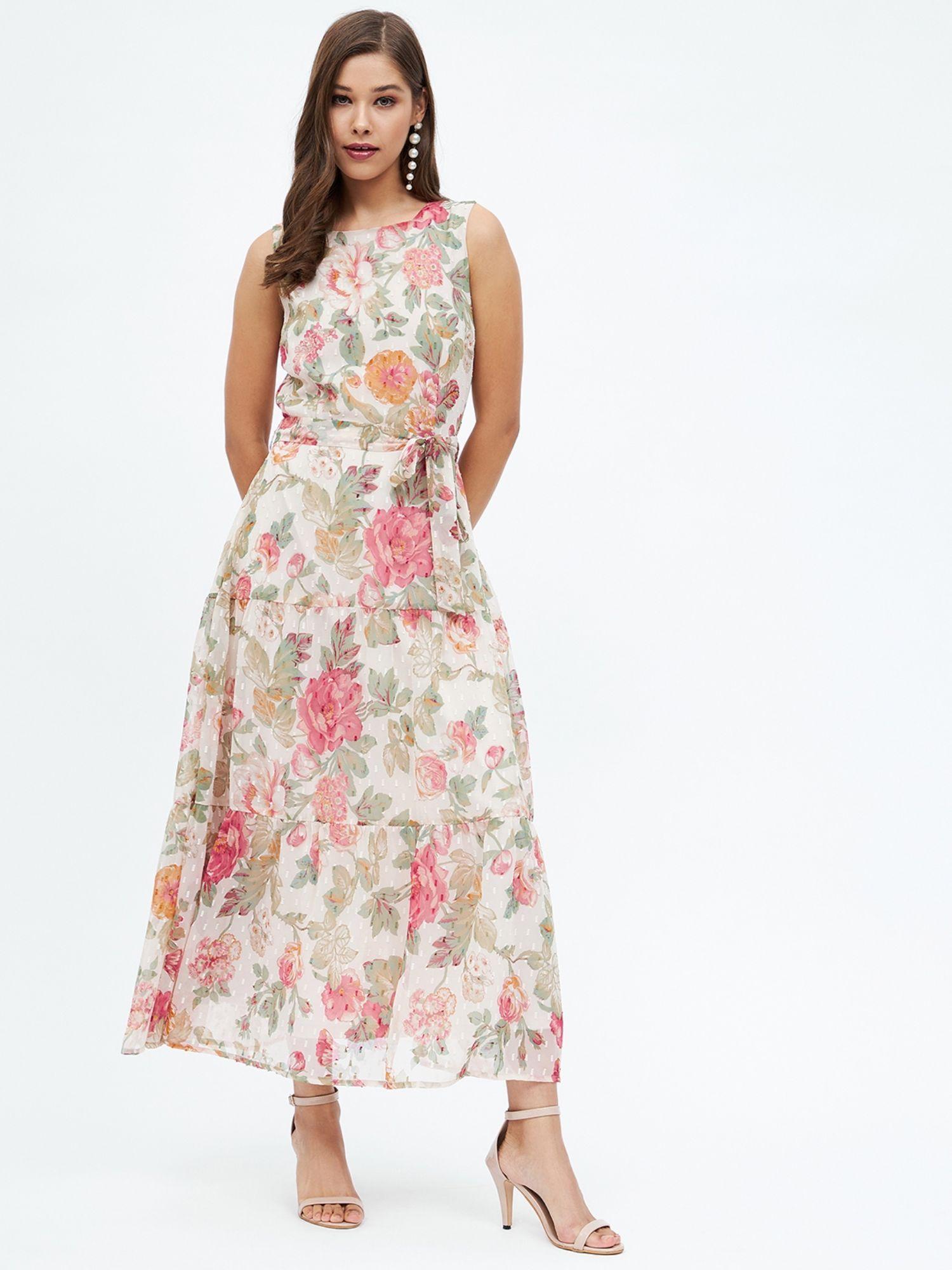 beige maxi length floral printed round neck sleeveless dress