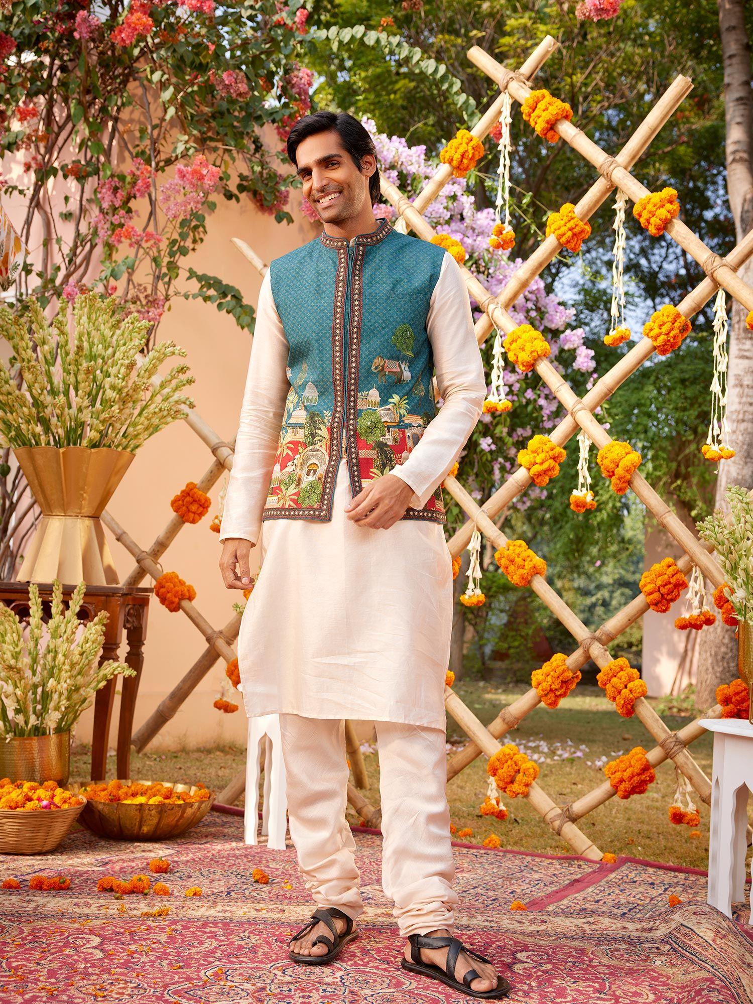 beige mehta kurta with churidar and nehru jacket (set of 3)