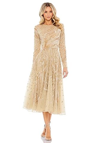beige mesh embellished midi dress