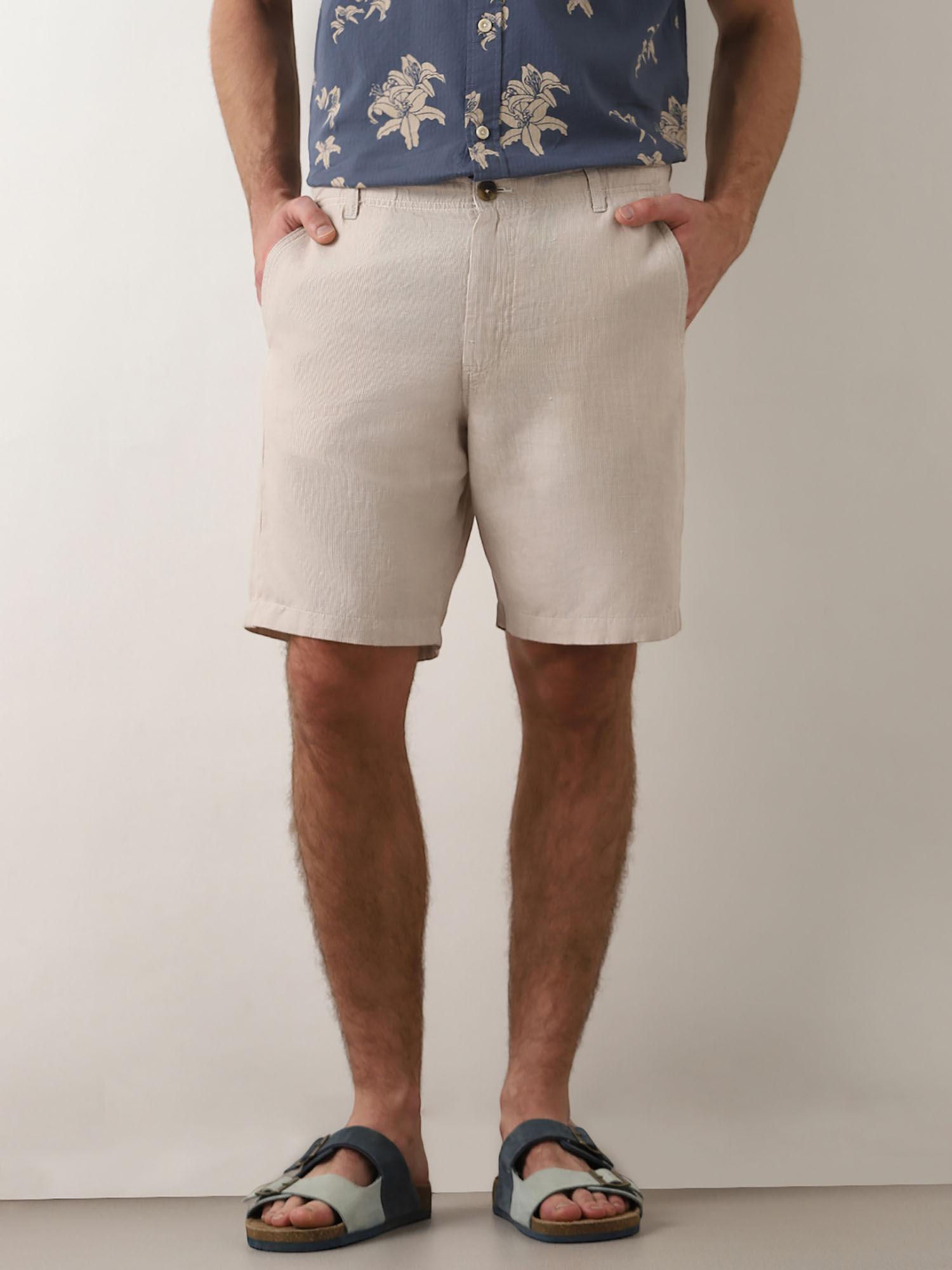 beige mid rise linen shorts