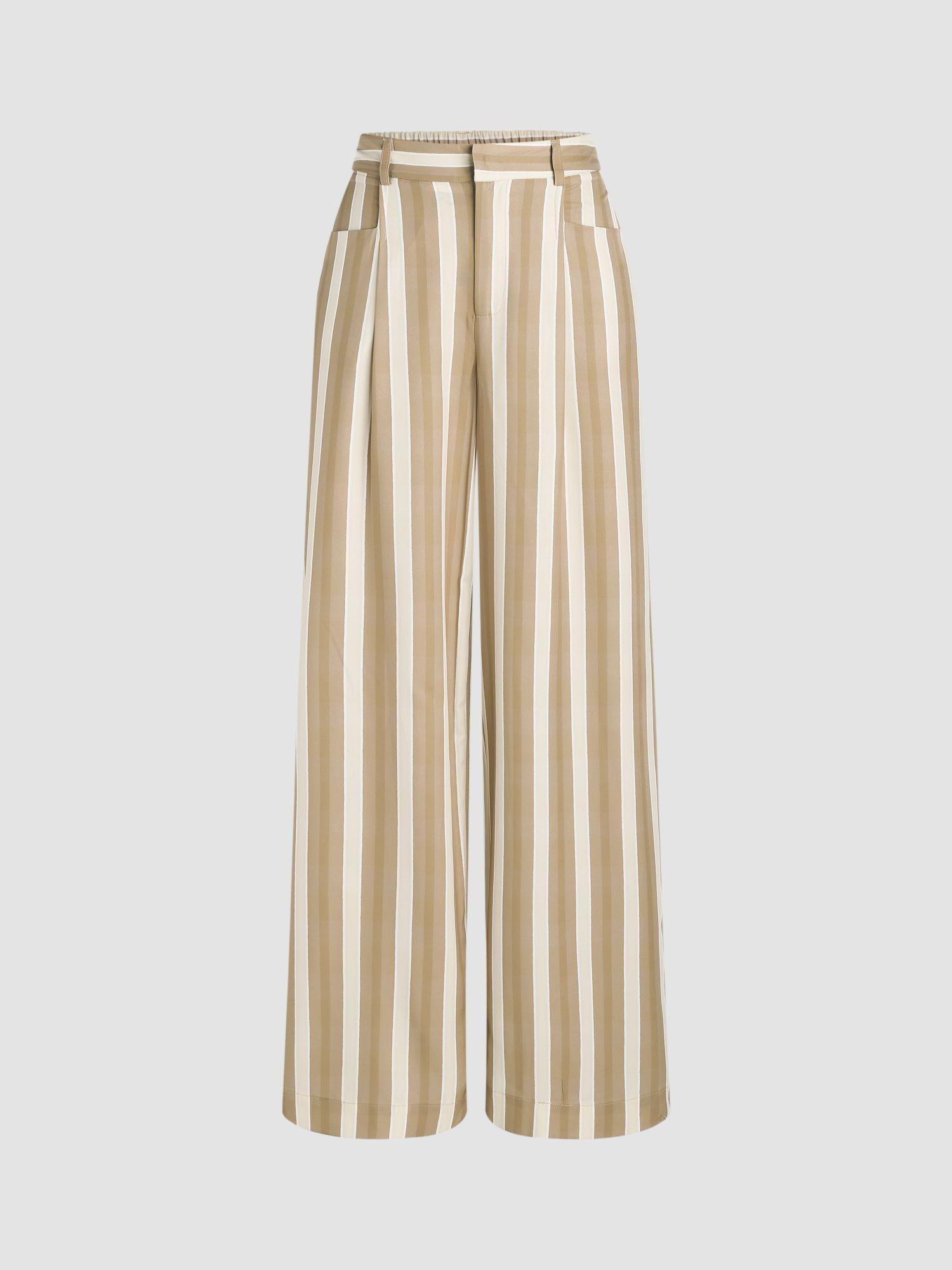 beige mid waist striped wide leg trousers