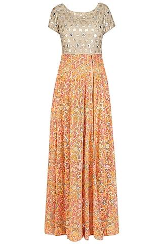 beige mirror work and floral embroidered anarkali set with dhoti pants