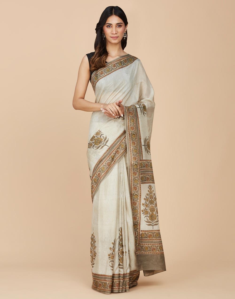 beige modal hand block printed sari