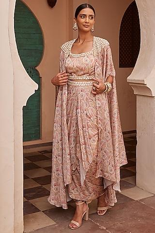 beige modal printed & embroidered cape set