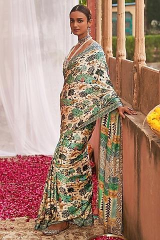 beige modal satin handblock printed saree set