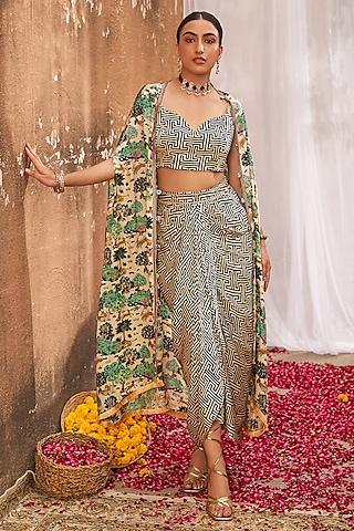 beige modal satin printed & embroidered cape set