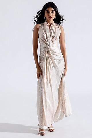 beige modal satin striped printed maxi dress