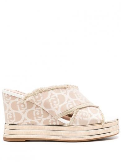 beige monogram logo wedges