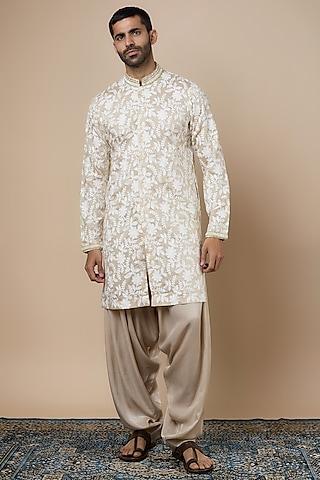 beige moonga silk floral embroidered kurta set