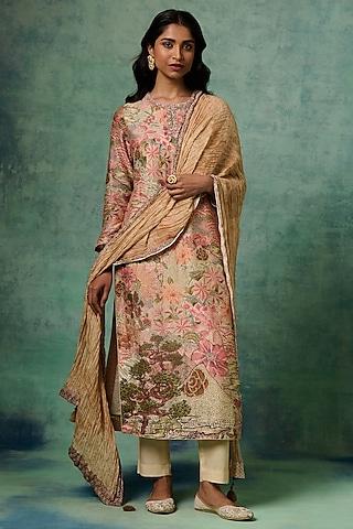 beige muslin silk printed & embroidered kurta set