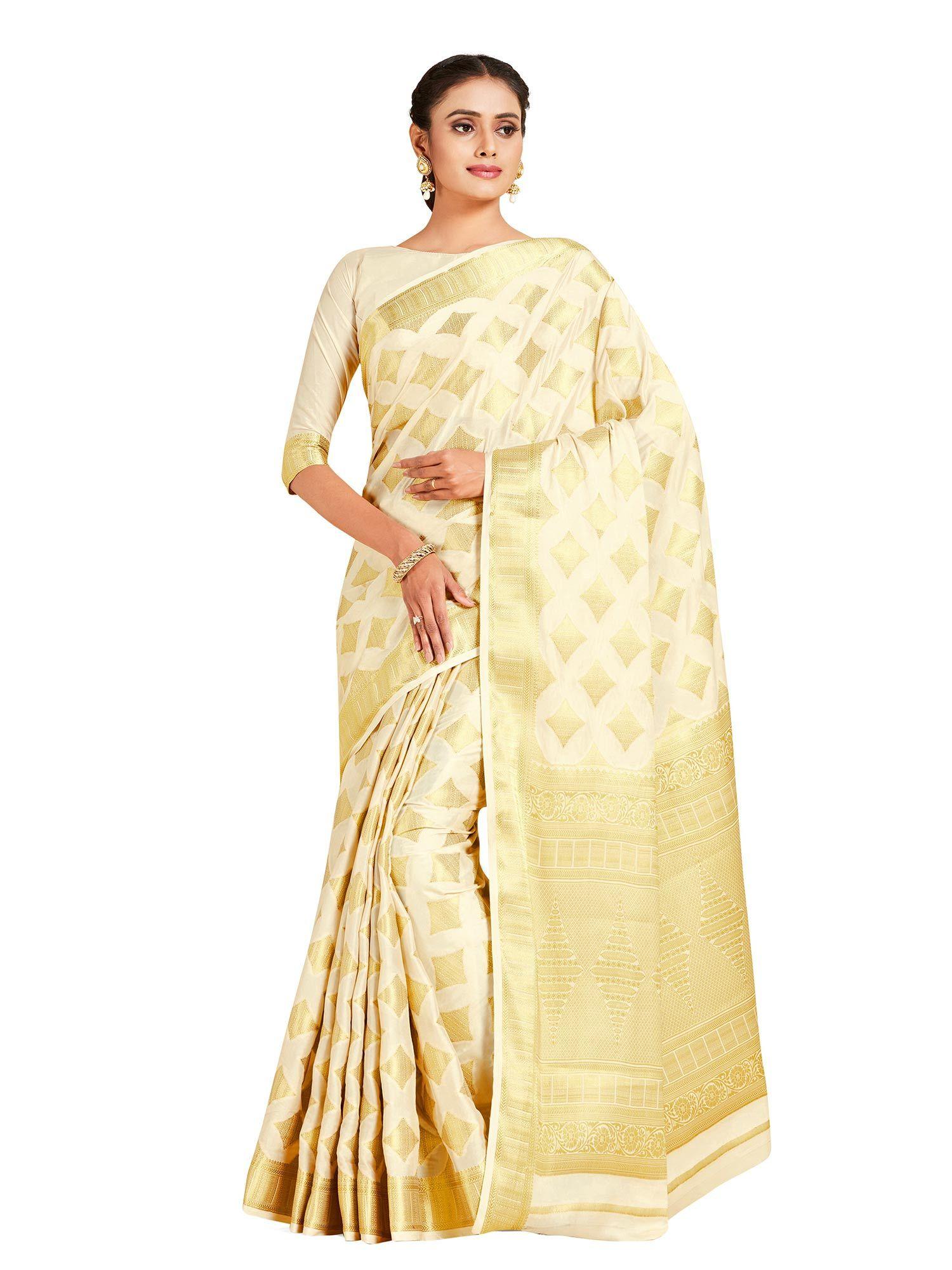 beige mysore silk style crepe saree with unstitched blouse