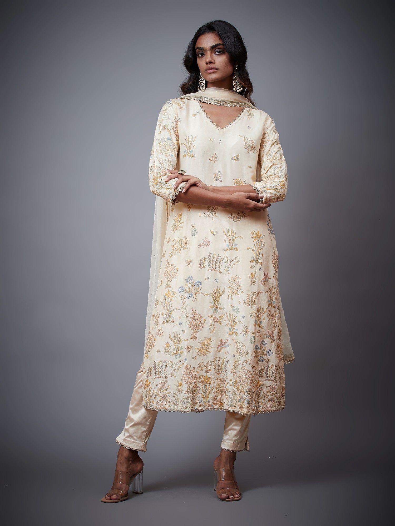 beige nazli embroidered kurta with pant and dupatta (set of 3)