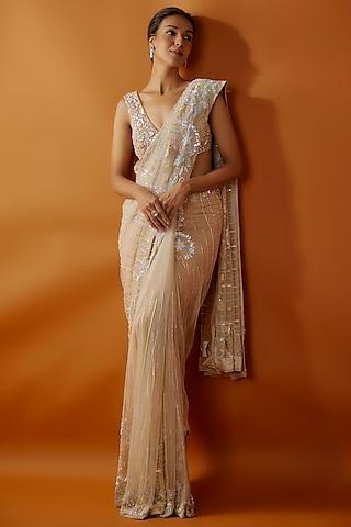 beige net cutdana embroidered saree set