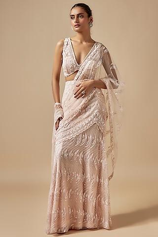 beige net cutdana hand embellished draped saree set