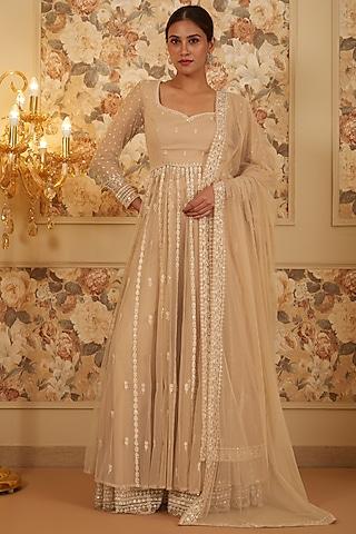 beige net embroidered anarkali set