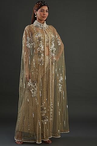 beige net embroidered cape set