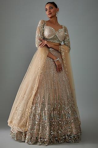 beige net hand embroidered lehenga set