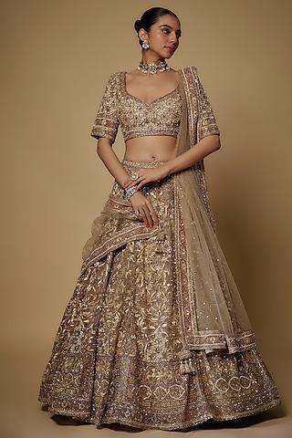 beige net hand embroidered lehenga set