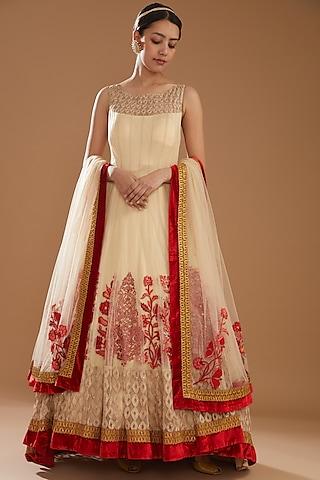 beige net kalidar gown with dupatta