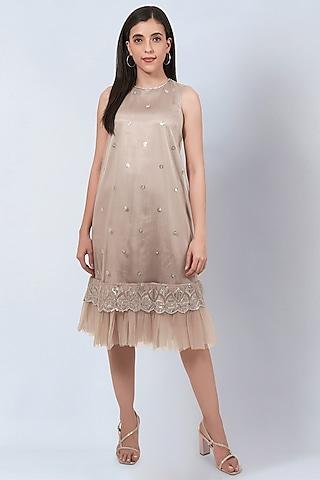 beige net sequins embroidered a-line dress