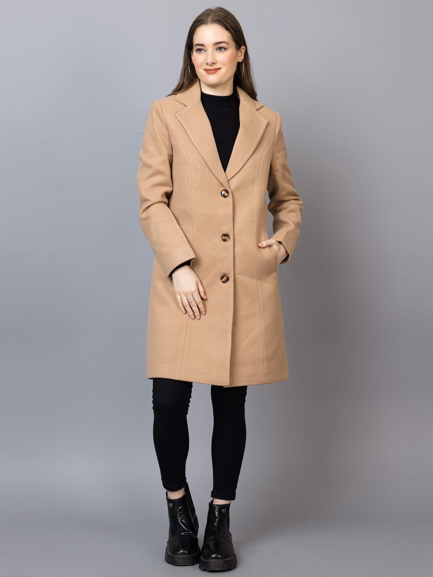 beige notched lapel woollen longline overcoat