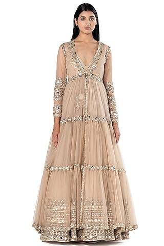 beige organza embroidered anarkali with jacket