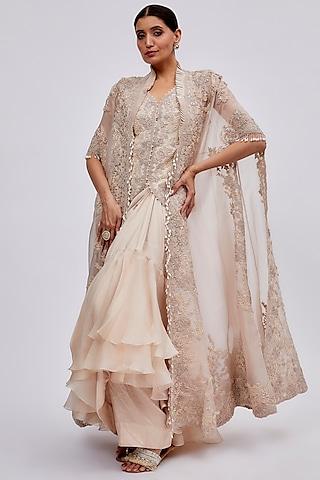 beige organza embroidered cape set