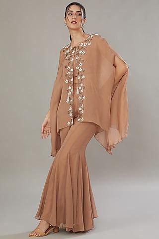 beige organza embroidered cape set