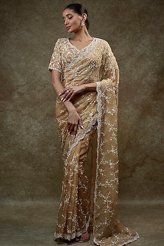 beige organza embroidered saree set