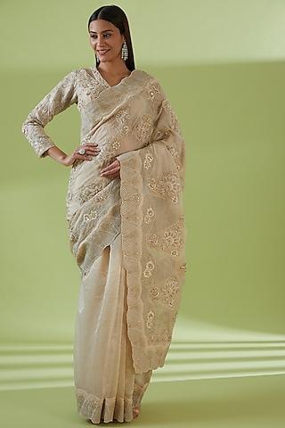 beige organza embroidered saree set
